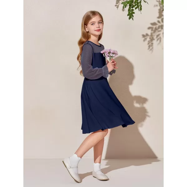 Haloumoning Girls Contrast Mesh Long Sleeve High Waist A Line Short Dress with Pockets 4-14 Years