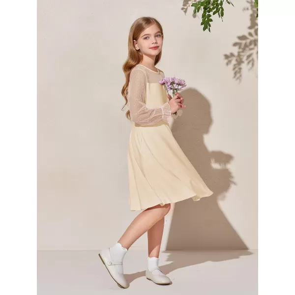 Haloumoning Girls Contrast Mesh Long Sleeve High Waist A Line Short Dress with Pockets 4-14 Years