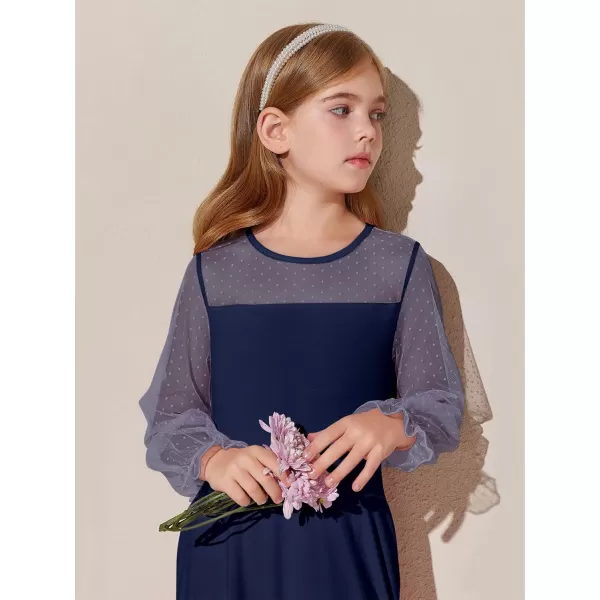 Haloumoning Girls Contrast Mesh Long Sleeve High Waist A Line Short Dress with Pockets 4-14 Years