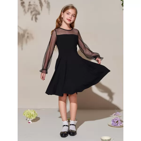 Haloumoning Girls Contrast Mesh Long Sleeve High Waist A Line Short Dress with Pockets 4-14 Years
