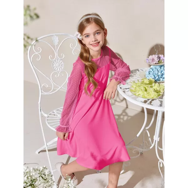 Haloumoning Girls Contrast Mesh Long Sleeve High Waist A Line Short Dress with Pockets 4-14 Years