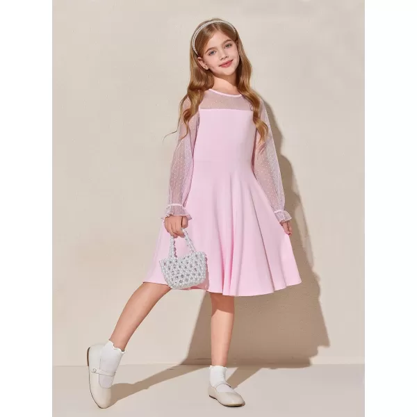 Haloumoning Girls Contrast Mesh Long Sleeve High Waist A Line Short Dress with Pockets 4-14 Years