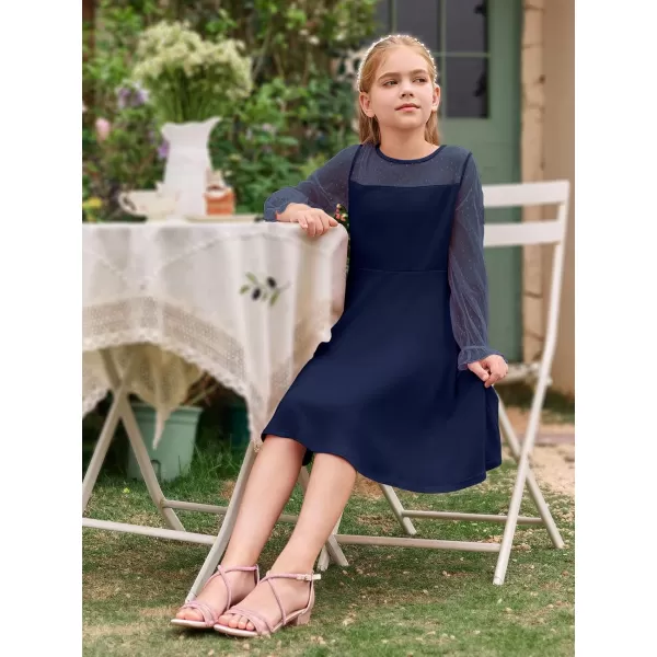 Haloumoning Girls Contrast Mesh Long Sleeve High Waist A Line Short Dress with Pockets 4-14 Years