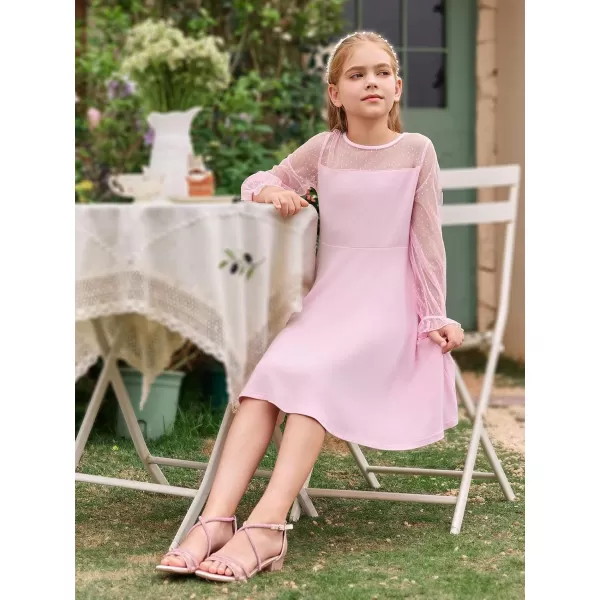 Haloumoning Girls Contrast Mesh Long Sleeve High Waist A Line Short Dress with Pockets 4-14 Years