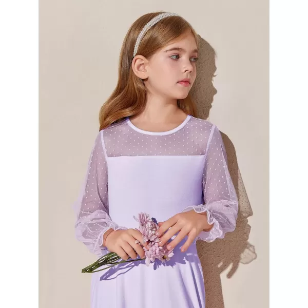 Haloumoning Girls Contrast Mesh Long Sleeve High Waist A Line Short Dress with Pockets 4-14 Years