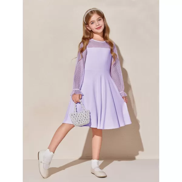 Haloumoning Girls Contrast Mesh Long Sleeve High Waist A Line Short Dress with Pockets 4-14 Years