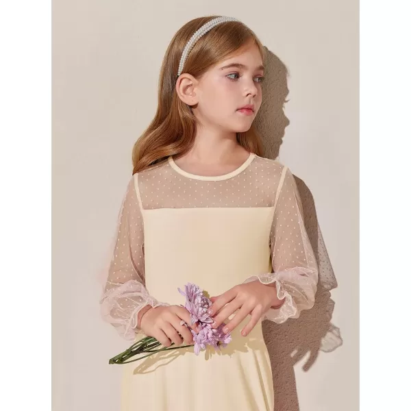 Haloumoning Girls Contrast Mesh Long Sleeve High Waist A Line Short Dress with Pockets 4-14 Years
