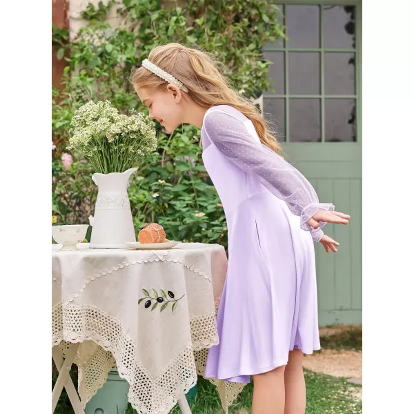 Haloumoning Girls Contrast Mesh Long Sleeve High Waist A Line Short Dress with Pockets 4-14 Years