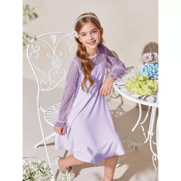 Haloumoning Girls Contrast Mesh Long Sleeve High Waist A Line Short Dress with Pockets 4-14 Years