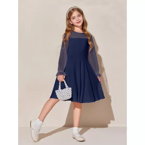 Haloumoning Girls Contrast Mesh Long Sleeve High Waist A Line Short Dress with Pockets 4-14 Years