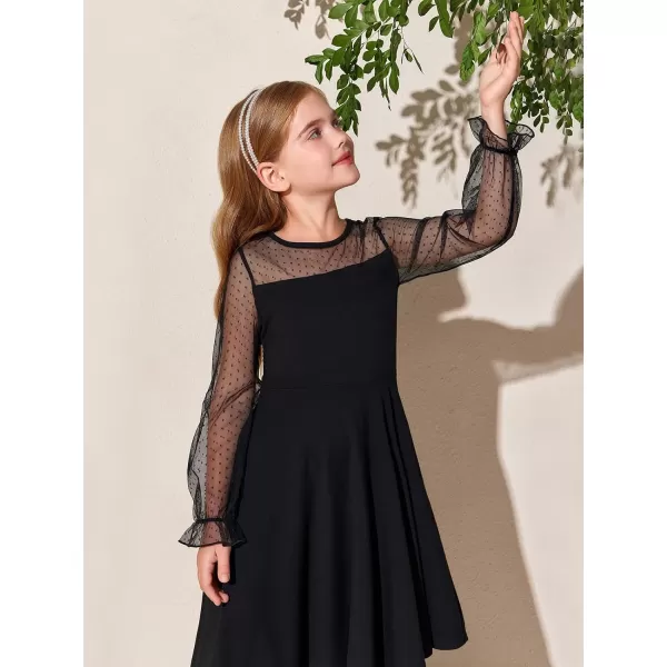 Haloumoning Girls Contrast Mesh Long Sleeve High Waist A Line Short Dress with Pockets 4-14 Years