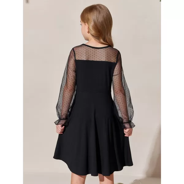 Haloumoning Girls Contrast Mesh Long Sleeve High Waist A Line Short Dress with Pockets 4-14 Years