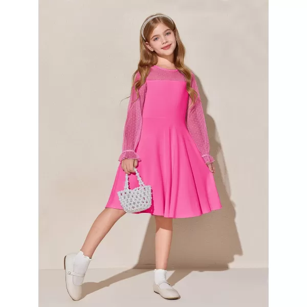 Haloumoning Girls Contrast Mesh Long Sleeve High Waist A Line Short Dress with Pockets 4-14 Years