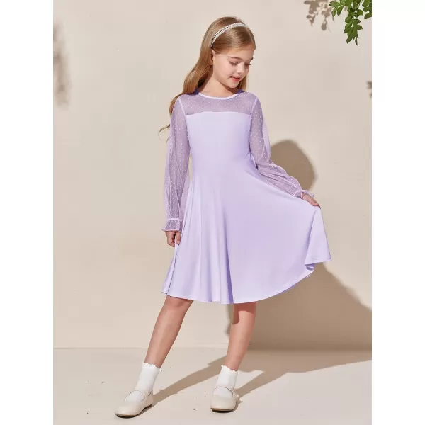 Haloumoning Girls Contrast Mesh Long Sleeve High Waist A Line Short Dress with Pockets 4-14 Years