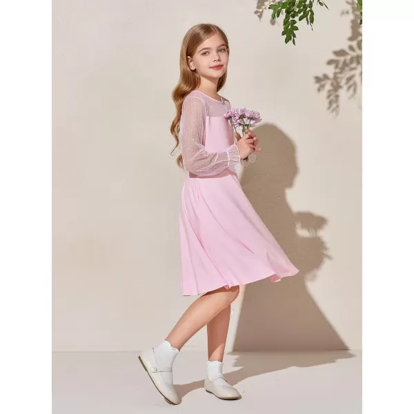 Haloumoning Girls Contrast Mesh Long Sleeve High Waist A Line Short Dress with Pockets 4-14 Years