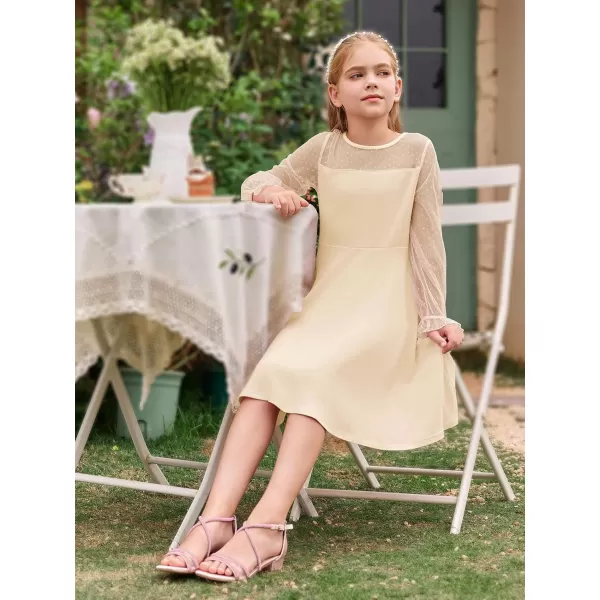 Haloumoning Girls Contrast Mesh Long Sleeve High Waist A Line Short Dress with Pockets 4-14 Years