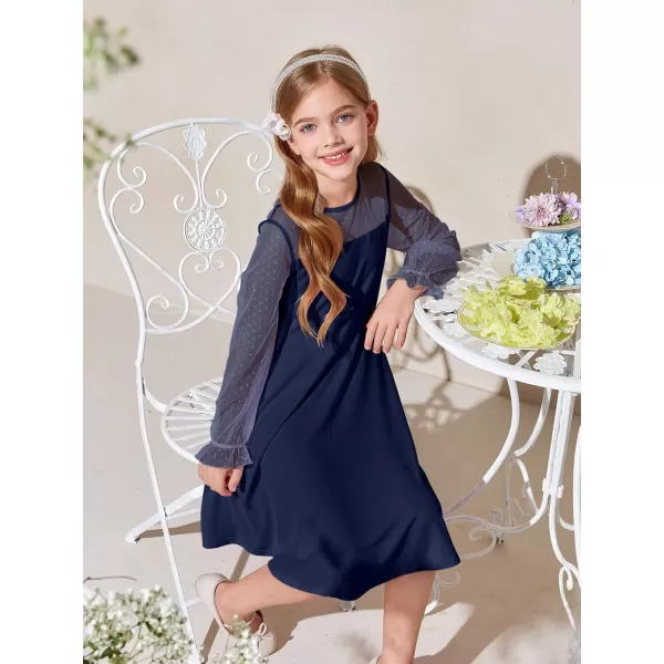 Haloumoning Girls Contrast Mesh Long Sleeve High Waist A Line Short Dress with Pockets 4-14 Years