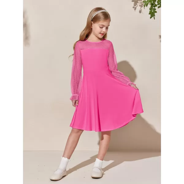 Haloumoning Girls Contrast Mesh Long Sleeve High Waist A Line Short Dress with Pockets 4-14 Years