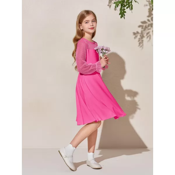 Haloumoning Girls Contrast Mesh Long Sleeve High Waist A Line Short Dress with Pockets 4-14 Years