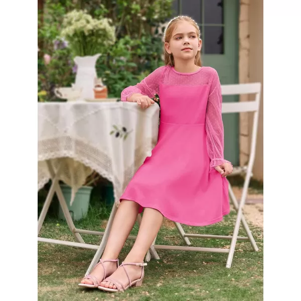 Haloumoning Girls Contrast Mesh Long Sleeve High Waist A Line Short Dress with Pockets 4-14 Years