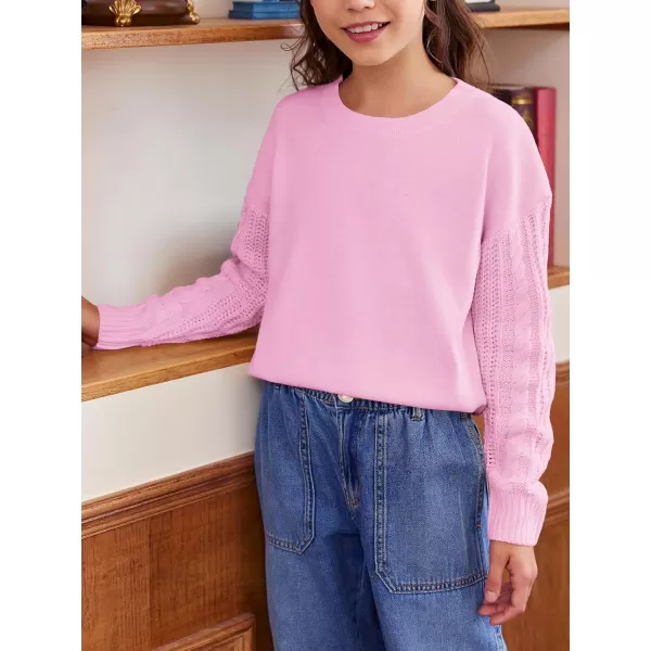 Haloumoning Girl's Crew Neck Sweaters Kids Long Sleeve Drop Shoulder Pullover Cable Knit Chunky Contrast Sweater Tops
