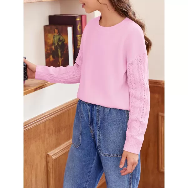 Haloumoning Girl's Crew Neck Sweaters Kids Long Sleeve Drop Shoulder Pullover Cable Knit Chunky Contrast Sweater Tops