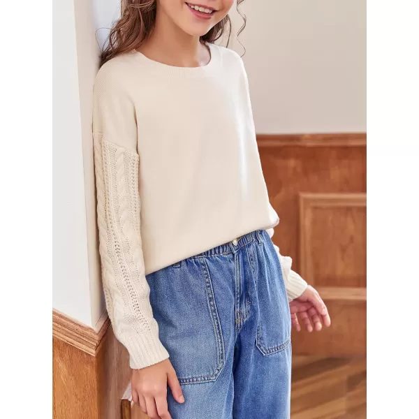 Haloumoning Girl's Crew Neck Sweaters Kids Long Sleeve Drop Shoulder Pullover Cable Knit Chunky Contrast Sweater Tops