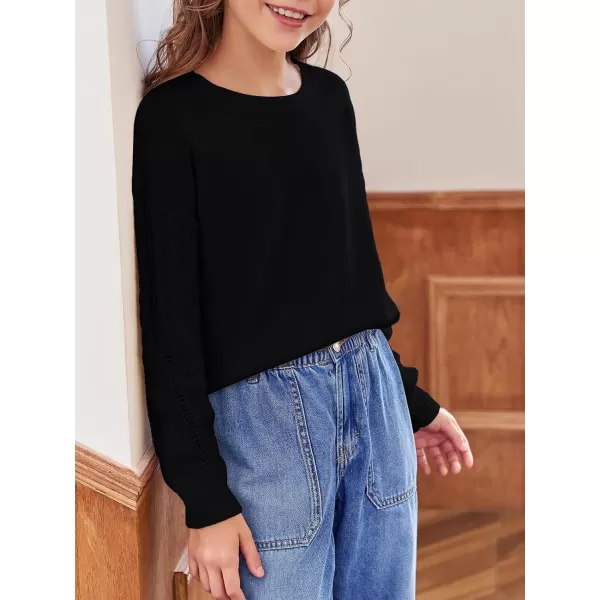 Haloumoning Girl's Crew Neck Sweaters Kids Long Sleeve Drop Shoulder Pullover Cable Knit Chunky Contrast Sweater Tops