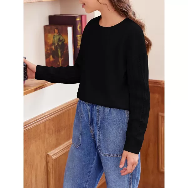 Haloumoning Girl's Crew Neck Sweaters Kids Long Sleeve Drop Shoulder Pullover Cable Knit Chunky Contrast Sweater Tops