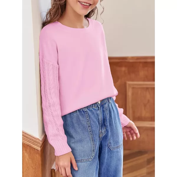 Haloumoning Girl's Crew Neck Sweaters Kids Long Sleeve Drop Shoulder Pullover Cable Knit Chunky Contrast Sweater Tops