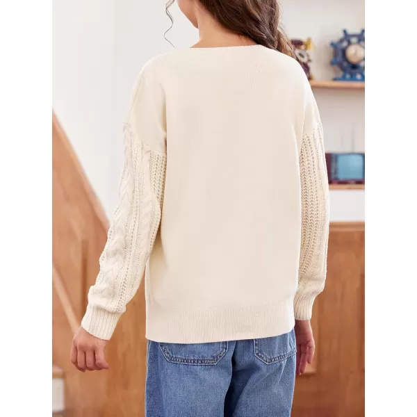 Haloumoning Girl's Crew Neck Sweaters Kids Long Sleeve Drop Shoulder Pullover Cable Knit Chunky Contrast Sweater Tops