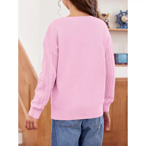 Haloumoning Girl's Crew Neck Sweaters Kids Long Sleeve Drop Shoulder Pullover Cable Knit Chunky Contrast Sweater Tops
