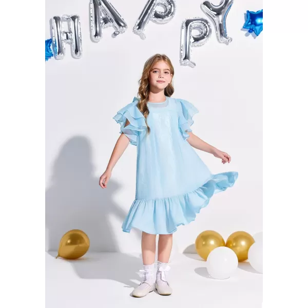 Haloumoning Girls Elegant Ruffle Sleeve Chiffon A-Line Swing Wedding Party Dress 4-14 Years