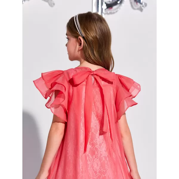 Haloumoning Girls Elegant Ruffle Sleeve Chiffon A-Line Swing Wedding Party Dress 4-14 Years