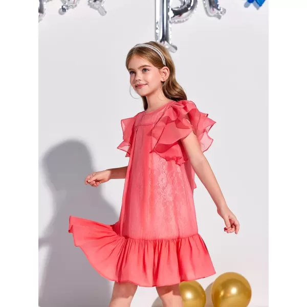 Haloumoning Girls Elegant Ruffle Sleeve Chiffon A-Line Swing Wedding Party Dress 4-14 Years