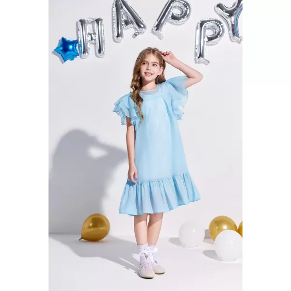 Haloumoning Girls Elegant Ruffle Sleeve Chiffon A-Line Swing Wedding Party Dress 4-14 Years