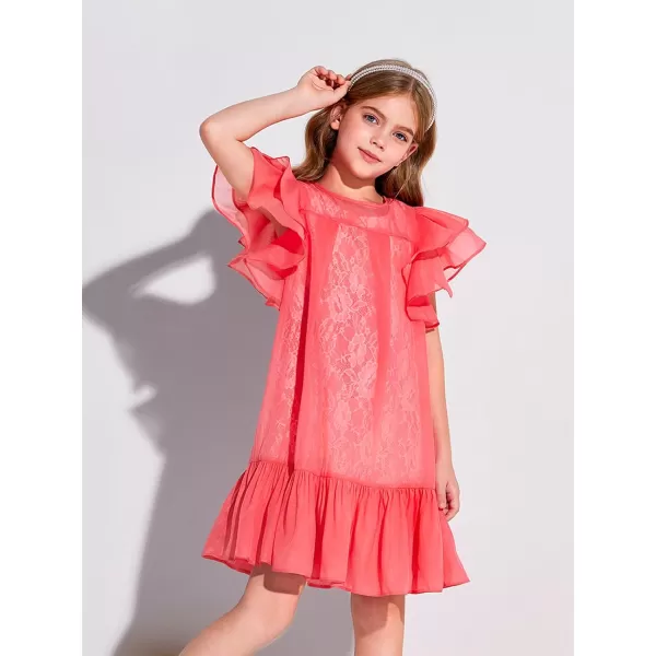 Haloumoning Girls Elegant Ruffle Sleeve Chiffon A-Line Swing Wedding Party Dress 4-14 Years
