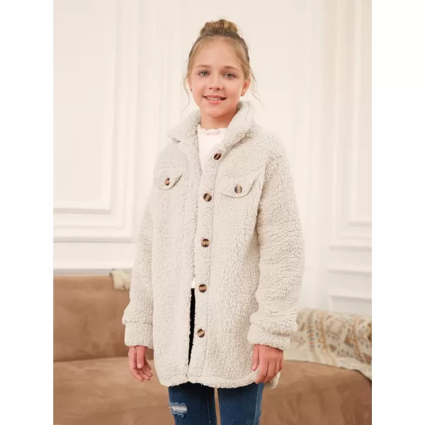 Haloumoning Girls Fuzzy Fleece Jacket Casual Button Down Sherpa Overcoat Faux Fur Jackets Outwear 4-15 Years