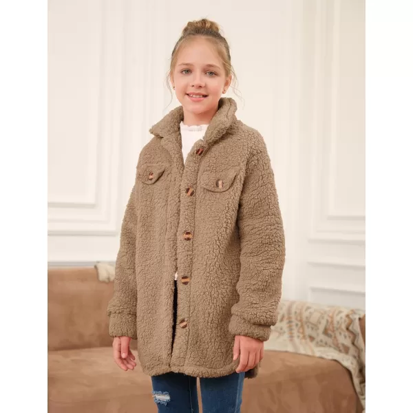 Haloumoning Girls Fuzzy Fleece Jacket Casual Button Down Sherpa Overcoat Faux Fur Jackets Outwear 4-15 Years