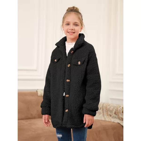 Haloumoning Girls Fuzzy Fleece Jacket Casual Button Down Sherpa Overcoat Faux Fur Jackets Outwear 4-15 Years