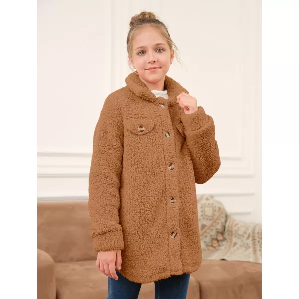 Haloumoning Girls Fuzzy Fleece Jacket Casual Button Down Sherpa Overcoat Faux Fur Jackets Outwear 4-15 Years
