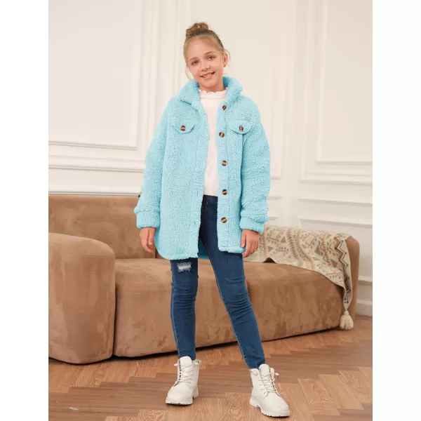 Haloumoning Girls Fuzzy Fleece Jacket Casual Button Down Sherpa Overcoat Faux Fur Jackets Outwear 4-15 Years