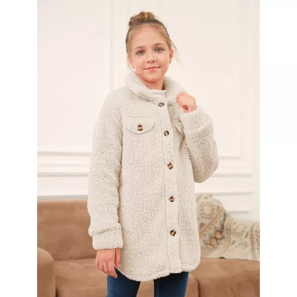 Haloumoning Girls Fuzzy Fleece Jacket Casual Button Down Sherpa Overcoat Faux Fur Jackets Outwear 4-15 Years