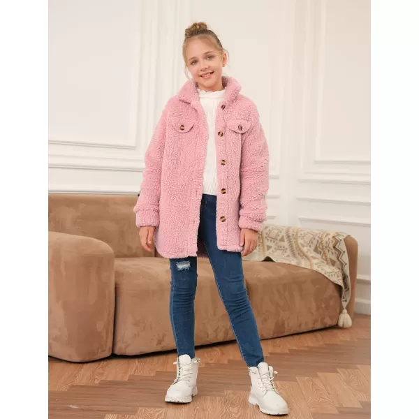Haloumoning Girls Fuzzy Fleece Jacket Casual Button Down Sherpa Overcoat Faux Fur Jackets Outwear 4-15 Years