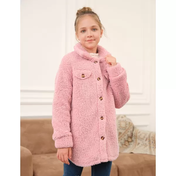 Haloumoning Girls Fuzzy Fleece Jacket Casual Button Down Sherpa Overcoat Faux Fur Jackets Outwear 4-15 Years