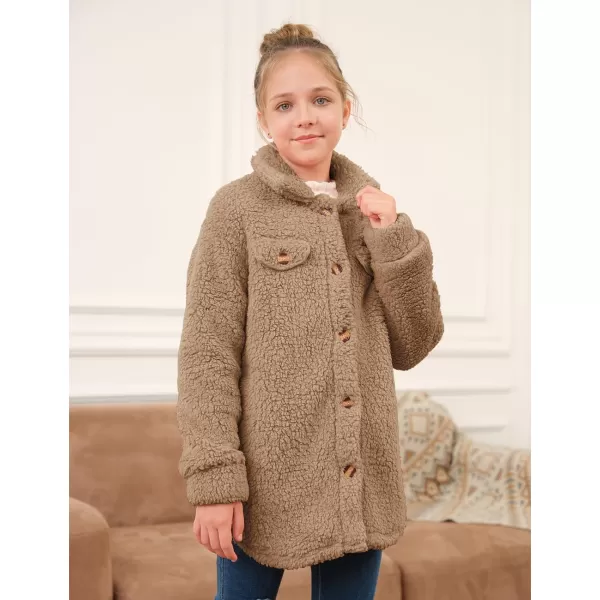 Haloumoning Girls Fuzzy Fleece Jacket Casual Button Down Sherpa Overcoat Faux Fur Jackets Outwear 4-15 Years