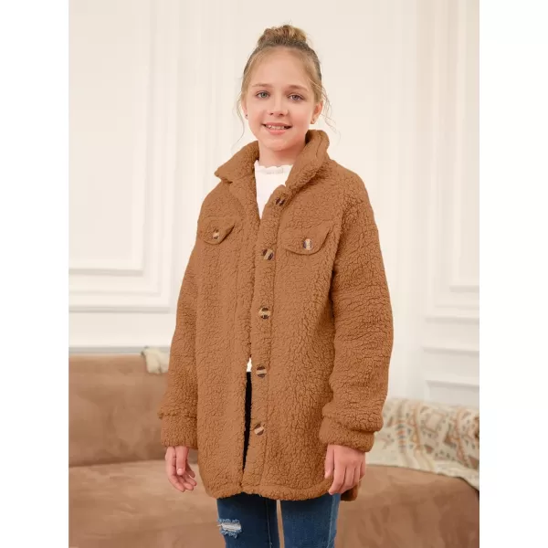 Haloumoning Girls Fuzzy Fleece Jacket Casual Button Down Sherpa Overcoat Faux Fur Jackets Outwear 4-15 Years