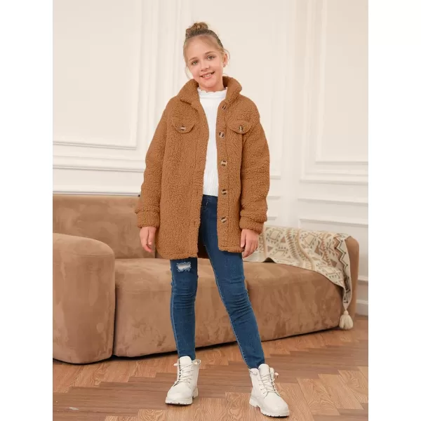 Haloumoning Girls Fuzzy Fleece Jacket Casual Button Down Sherpa Overcoat Faux Fur Jackets Outwear 4-15 Years