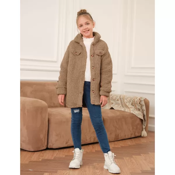 Haloumoning Girls Fuzzy Fleece Jacket Casual Button Down Sherpa Overcoat Faux Fur Jackets Outwear 4-15 Years