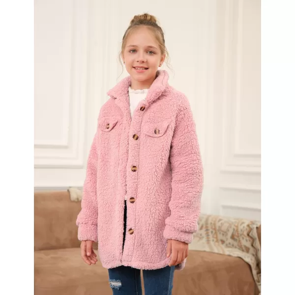 Haloumoning Girls Fuzzy Fleece Jacket Casual Button Down Sherpa Overcoat Faux Fur Jackets Outwear 4-15 Years